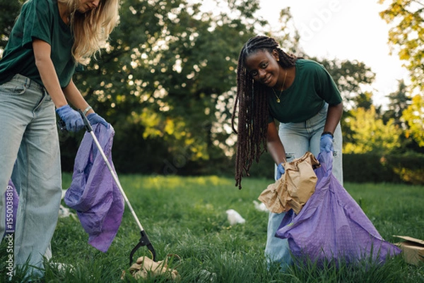 Fototapeta Volunteers picking up trash in a park using garbage bags and trash picker