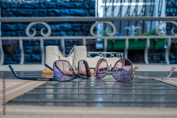 Fototapeta Eyeglasses lie on table in a street cafe.