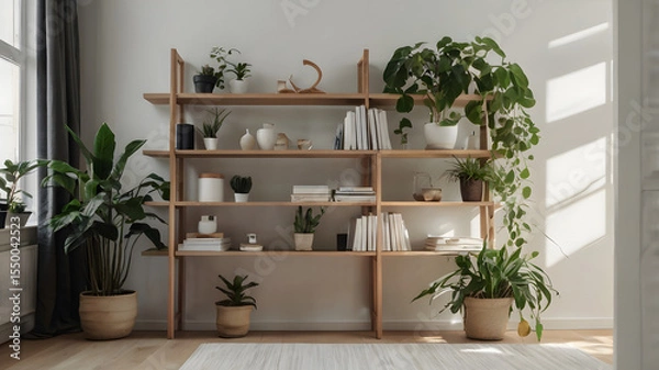 Fototapeta Scandinavian Bookshelf with Plants and Light Wall – Home Office Background