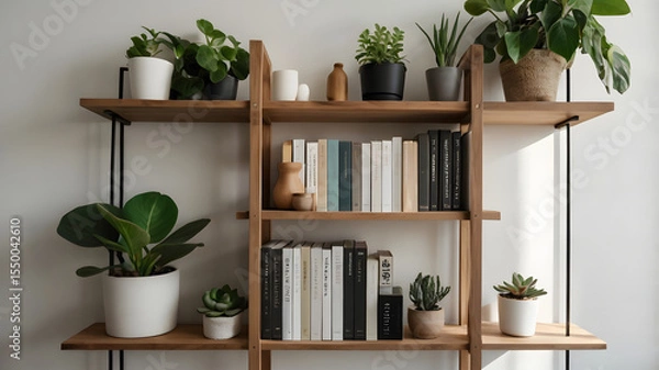 Fototapeta Scandinavian Bookshelf with Plants and Light Wall – Home Office Background