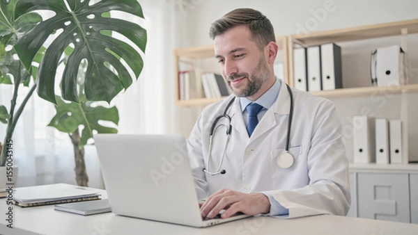 Fototapeta A young Caucasian man in a white lab coat works on a laptop in a modern office. A large green plant is visible in the background, along with shelves of files.