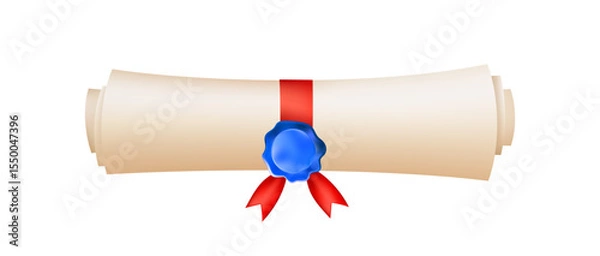 Fototapeta 3d diploma scroll icon. Diploma with blue wax seal.