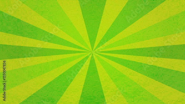 Fototapeta Retro lime green sun rays on halftone bg. Pop art comic cartoon