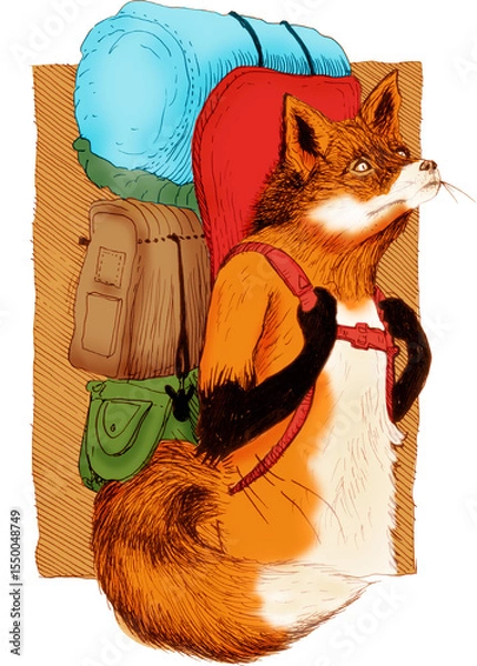Obraz Adventurous Fox Backpacking cartoon