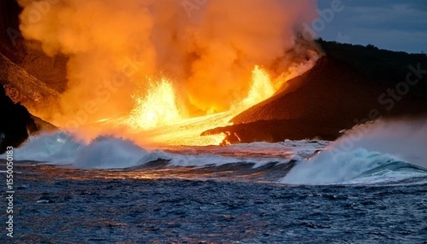 Obraz golden lava flow meets ocean waves