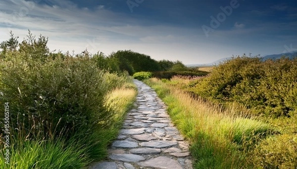 Obraz stone pathway leading through grass and bushes in rural landscape