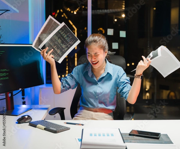 Obraz Stressed Woman Working Late with Documents