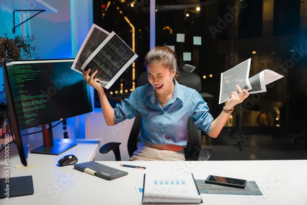 Obraz Frustrated Woman with Coding Documents at Desk
