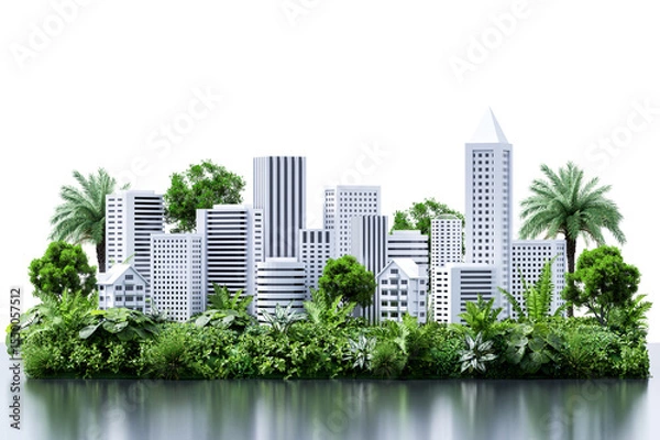 Fototapeta 3d render of a futuristic green cityscape blending modern architecture with lush nature, illustrating sustainable urban development and eco-friendly living isolated on white background