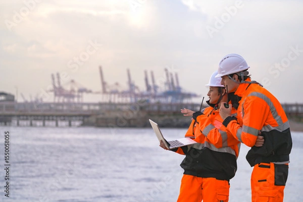 Fototapeta Two engineers wearing safety uniforms and hard hats communicate using a radio while reviewing data on a laptop by the sea during sunset. Maritime industrial setting.