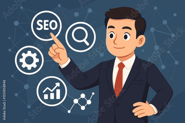 Fototapeta Businessman interacting with SEO icons on a virtual interface. Digital marketing strategy concept for search engine optimization, data analysis, online promotion, and traffic growth.