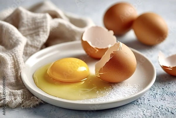 Obraz Raw egg yolk and cracked eggshells are sitting on a white plate, ready for cooking, with whole brown eggs and a linen napkin in the background
