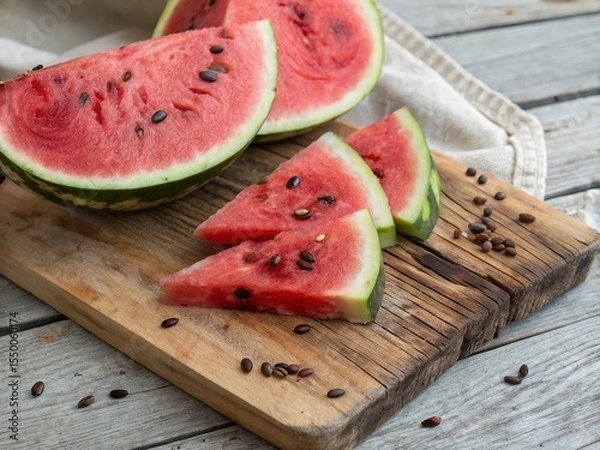 Fototapeta Sliced Watermelon on Rustic Wooden Board – Summer Fruit Top View with Natural Texture.