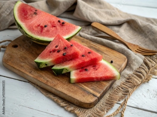Fototapeta Sliced Watermelon on Rustic Wooden Board – Summer Fruit Top View with Natural Texture.