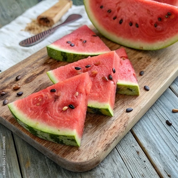 Fototapeta Sliced Watermelon on Rustic Wooden Board – Summer Fruit Top View with Natural Texture.
