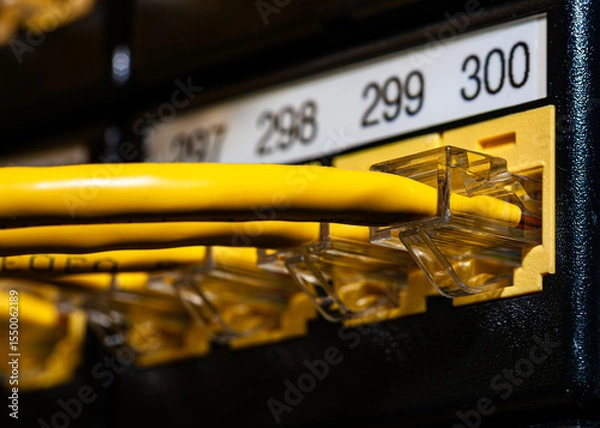 Fototapeta Close-up of yellow Ethernet cables plugged into a numbered patch panel. Modern IT infrastructure and data center connectivity concept with clear focus on network hardware.
