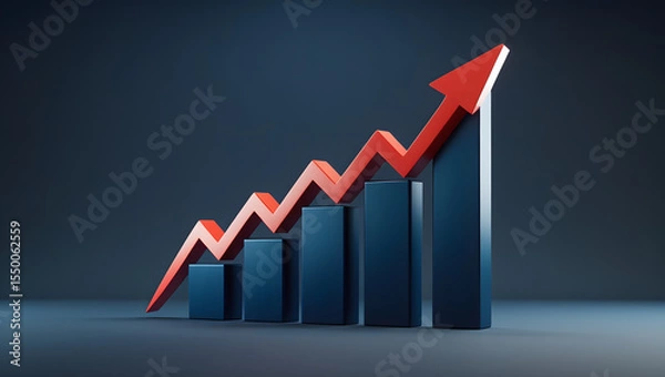 Fototapeta 3D Bar Graph with Upward Red Arrow on Blue Background, Financial Growth Concept.