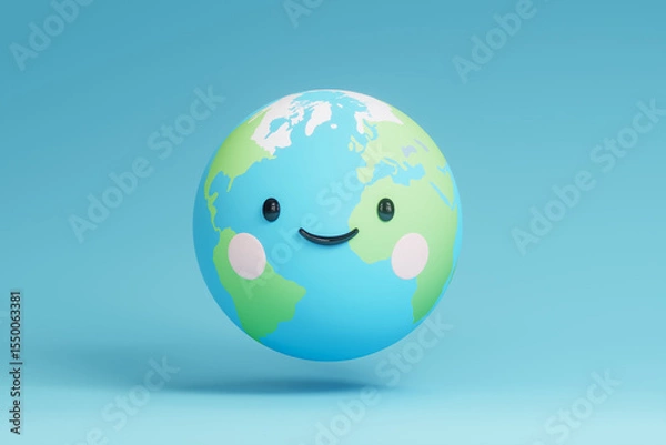 Fototapeta 3D render of a smiling cartoon Earth with cute facial features on a blue background, perfect for educational, eco-friendly, or children’s visual content.