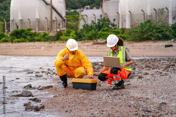Fototapeta Two environmental engineers in safety gear work at a shoreline near gas storage tanks. One collects water samples, while the other records data on a laptop during site inspection.
