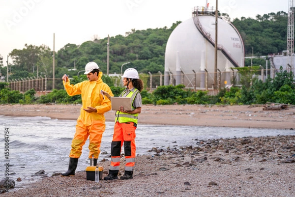 Fototapeta Two environmental engineers in safety gear work at a shoreline near gas storage tanks. One collects water samples, while the other records data on a laptop during site inspection.