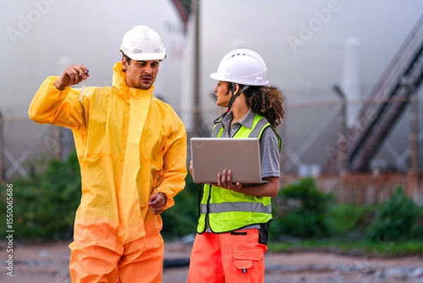 Fototapeta Two environmental engineers in PPE gear reviewing field data on a laptop during coastal inspection, focusing on pollution monitoring, water testing, and hazard evaluation.