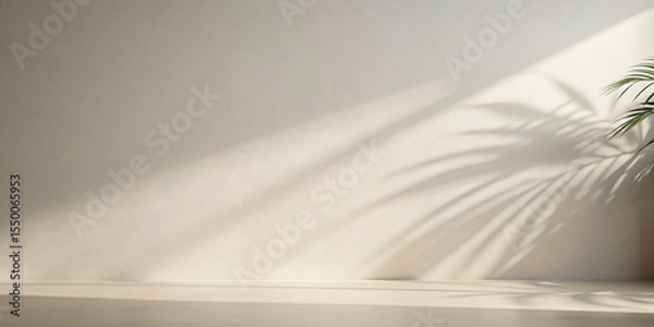 Obraz Minimalistic background with blurred palm foliage shadow on wall. pastel room
