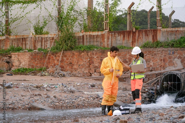 Fototapeta Environmental field team in protective gear analyzes water samples on a polluted beach. One holds a laptop while the other handles vials for chemical testing of coastal pollution.