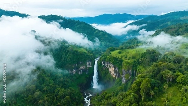 Fototapeta a drone view of waterfalls, hills and clouds in bandarban