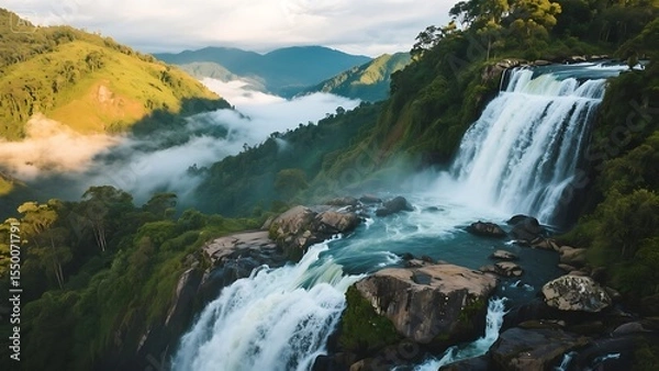 Fototapeta a close view of waterfalls, hills and clouds in bandarban