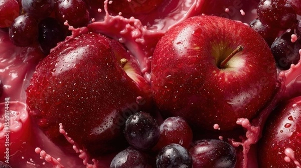 Fototapeta Juicy red apples sit alongside dark grapes, surrounded by droplets of a pink juicy liquid. The vibrant colors and textures highlight the freshness and appeal of these fruits.