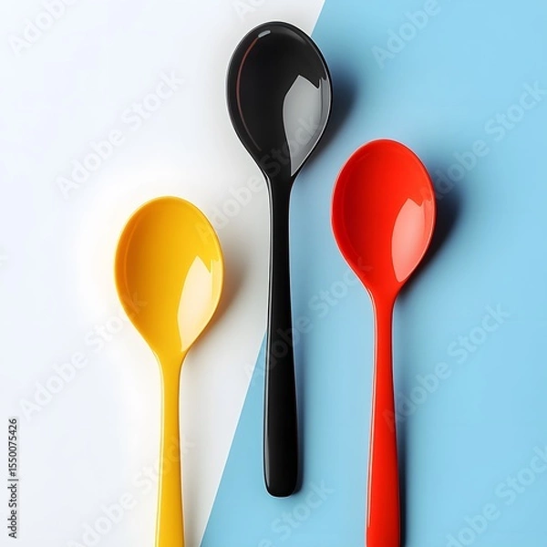 Fototapeta A minimalist flat-lay photograph featuring three glossy spoons in vibrant yellow, deep black, and bold red, arranged diagonally across a split white and pastel blue backdrop. 