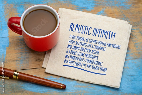 Obraz Realistic optimism - mindset that combines a hopeful outlook with an honest assessment of reality. Note on a napkin.