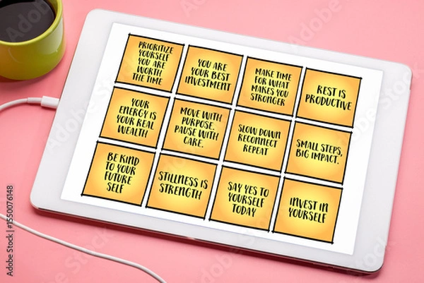 Obraz Invest time in yourself - a set of inspirational reminder notes with tips and guidelines on a digital tablet.