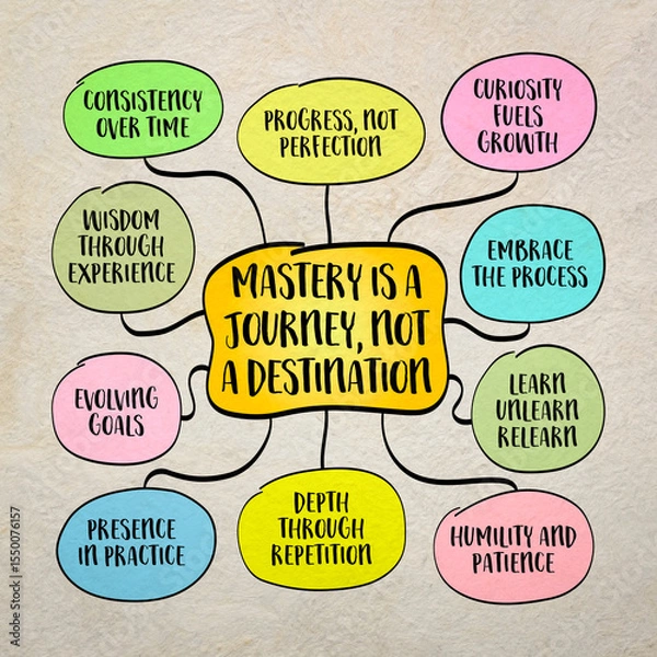Obraz Mastery is a journey, not a destination - a winding, evolving process of deepening skill, understanding, and self-awareness over time. Infographics mind map.