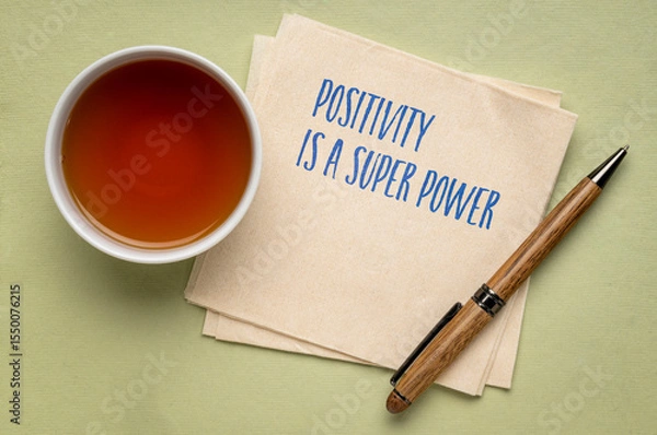 Obraz Positivity is a super power - inspiraitonal handwriting on a napkin with a cup of tea