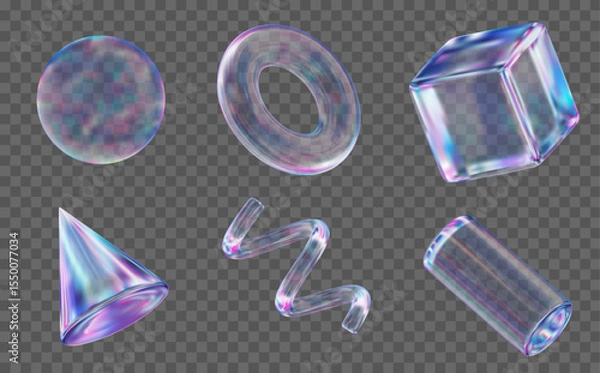 Fototapeta 3d set glass transparent holographic geometric shape: square, cylinder, sphere, torus, cone, spiral. Simple neon figures with grid for your design. Stock vector illustration on isolated background.