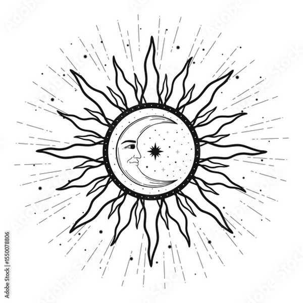Fototapeta Hand drawn mystical Moon with face, Sun, crescent, star. Spiritual celestial space, astrology sign, astronomy symbol. Magic talisman, antique style, vintage, boho, tarot. Vector outline illustration