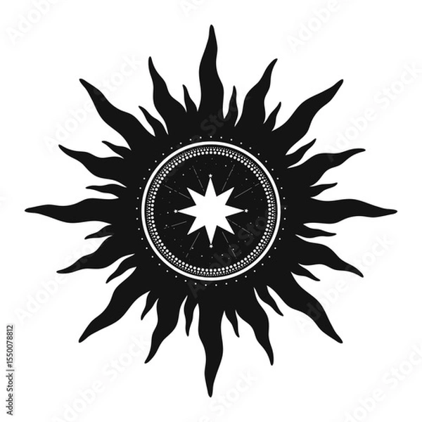 Fototapeta Hand drawn mystical Sun, sun rays, stars. Spiritual celestial space, astrology sign, astronomy symbol. Magic talisman, antique style, vintage, boho, tarot. Vector outline illustration