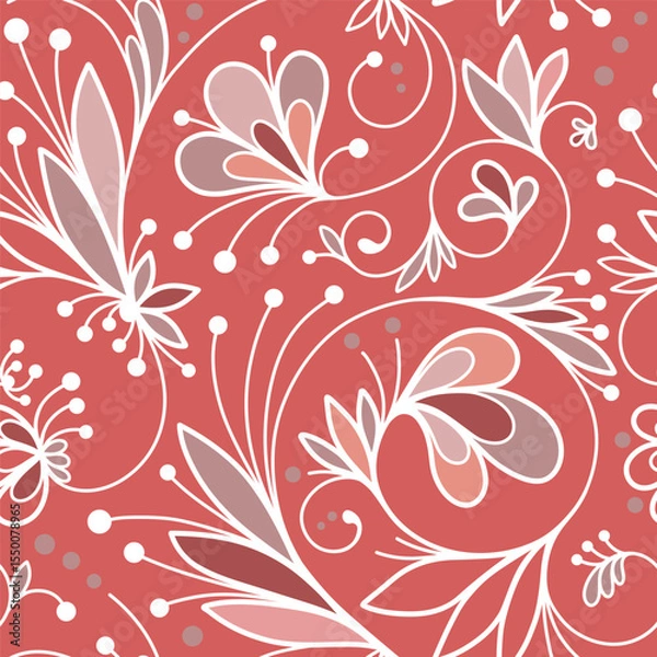 Fototapeta Abstract seamless pattern with openwork ornament of flower, leaves, branches, curls, flowing lines. Red floral ornamental texture. Hand drawn vector illustration for wallpaper, wrapping paper, fabric