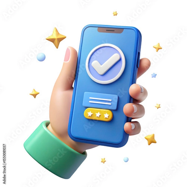 Fototapeta 3d Hand holding smartphone with check mark and stars isolated on transparent background