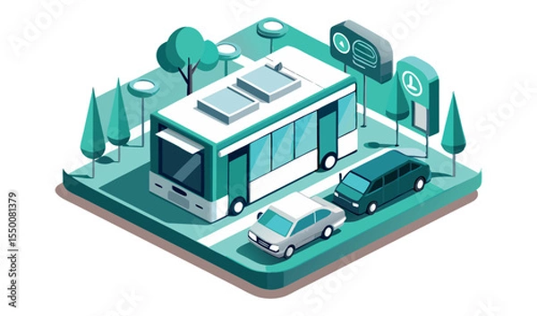 Obraz Isometric illustration of a bus stop with a bus and cars in a city environment