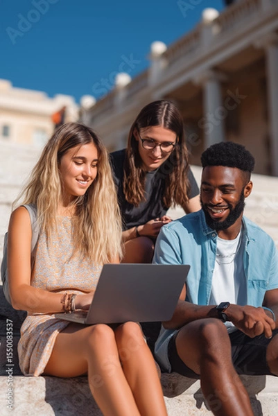 Fototapeta University students collaborating and learning together on campus steps