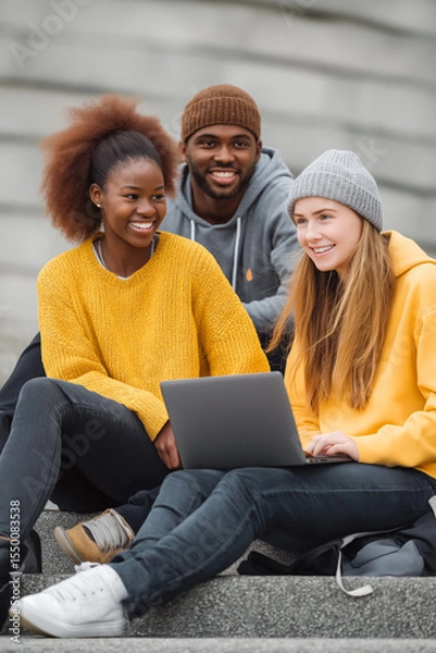 Fototapeta University students collaborating and learning together on campus steps