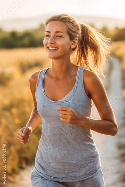 Fototapeta Woman enjoys running outside with beautiful summer evening in the countryside.