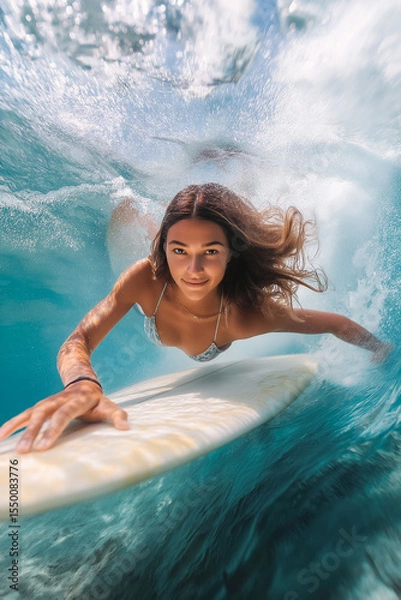 Fototapeta woman in bikini doing duck dive with the surfboard under the waves