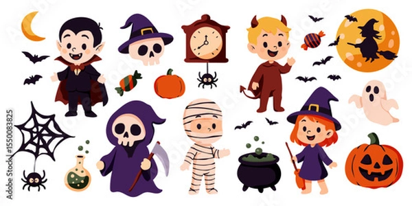 Fototapeta A collection of Halloween themed characters and objects, including a witch, skeleton, mummy, and pumpkin