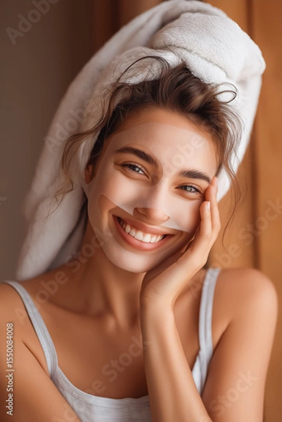 Fototapeta Young woman applying a facial sheet mask in a bathroom, enjoying a spa-like experience while taking care of her skin. Relaxation and self-care concept.