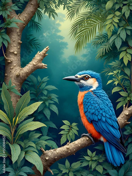 Obraz Blue and orange bird sitting on a branch in a green forest.