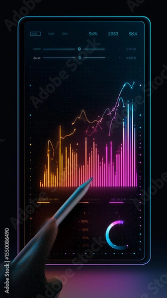 Fototapeta Dark SaaS dashboard UI on left, with hand and stylus interacting. Right side left blank for text. Clean, glowing interface for B2B business or product promo.