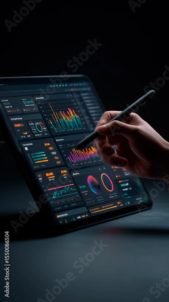 Fototapeta Dark SaaS dashboard UI on left, with hand and stylus interacting. Right side left blank for text. Clean, glowing interface for B2B business or product promo.